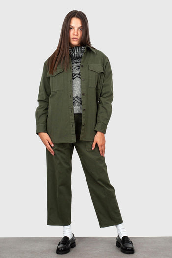 Pantalone Cropped In Gabardina Verde Militare Donna - 6