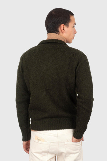 Cardigan In Lana Shetland Spazzolata Verde Militare Uomo - 4