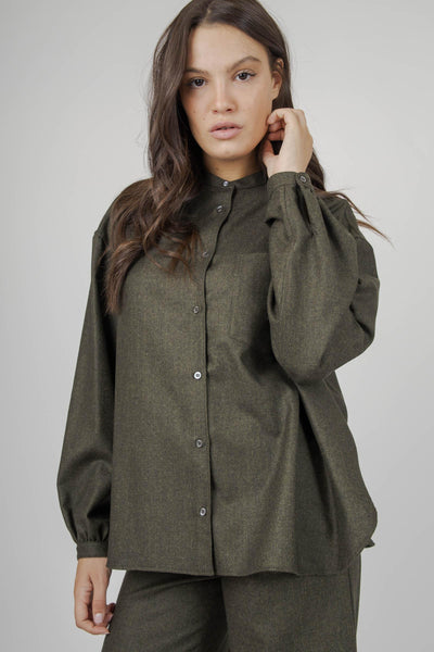 Camicia In Flanella Misto Lana Verde Militare Donna