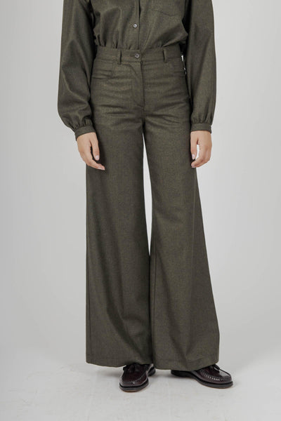 Pantalone In Flanella Misto Lana Verde Militare Donna