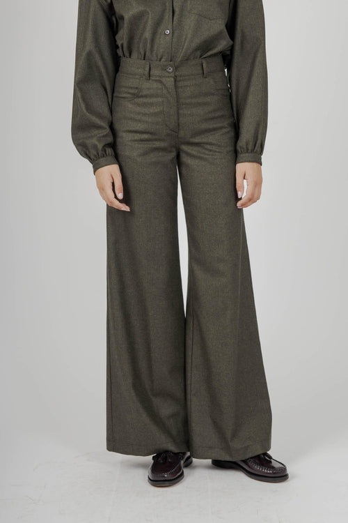 Pantalone In Flanella Misto Lana Verde Militare Donna
