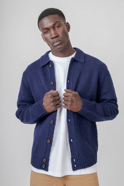 Cardigan A Camicia In Lana Shetland Blu Navy Uomo