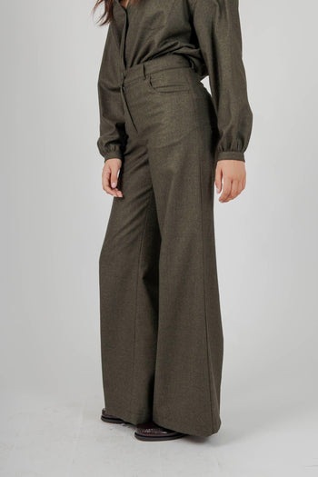 Pantalone In Flanella Misto Lana Verde Militare Donna - 3