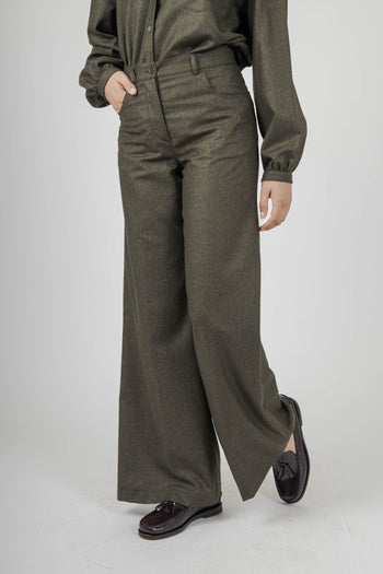 Pantalone In Flanella Misto Lana Verde Militare Donna - 5