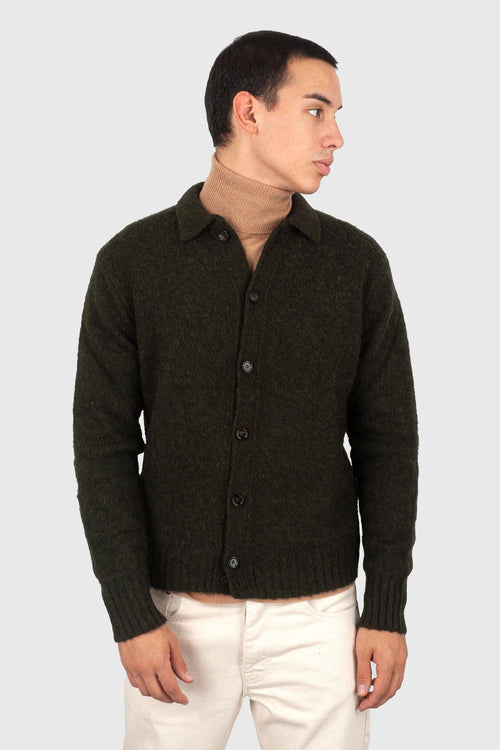 Cardigan In Lana Shetland Spazzolata Verde Militare Uomo