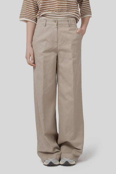 Pantalone In Gabardina Cotone E Lino Beige Donna