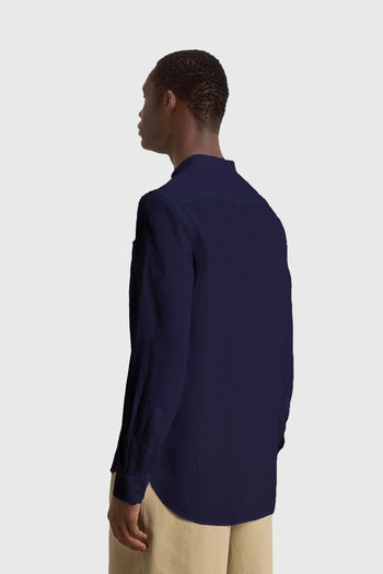 Camicia Coreana In Lino Blu Uomo - 4