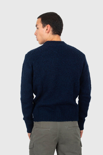 Maglia Girocollo In Lana Shetland Spazzolata Blu Navy Uomo - 3