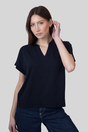 Polo In Maglia Scollo V Blu Navy Donna - 5