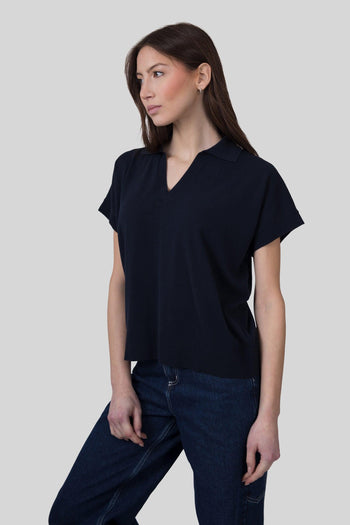 Polo In Maglia Scollo V Blu Navy Donna - 7