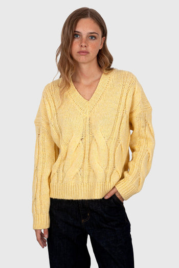 Maglia Scollo A V Trecce Giallo Donna - 5