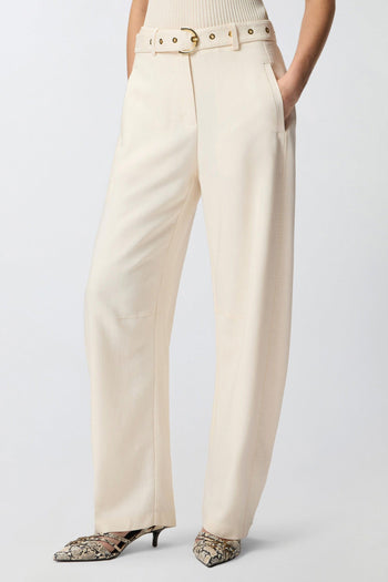 Pantalone a palazzo in tessuto stretch effetto lino con cintura - 2