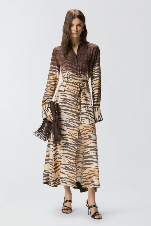 Abito lungo chemisier in viscosa con stampa animalier