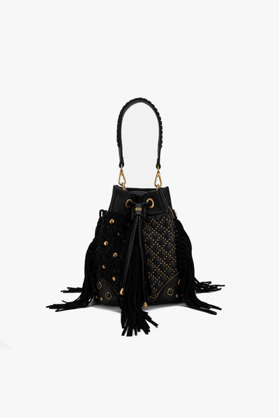 Borsa a secchiello Legacy in ecopelle martellata e tessuto con frange e borchie