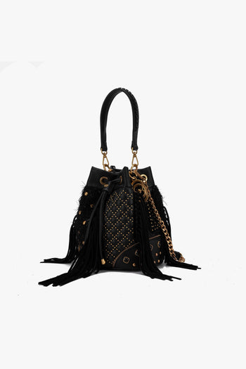 Borsa a secchiello Legacy in ecopelle martellata e tessuto con frange e borchie - 2