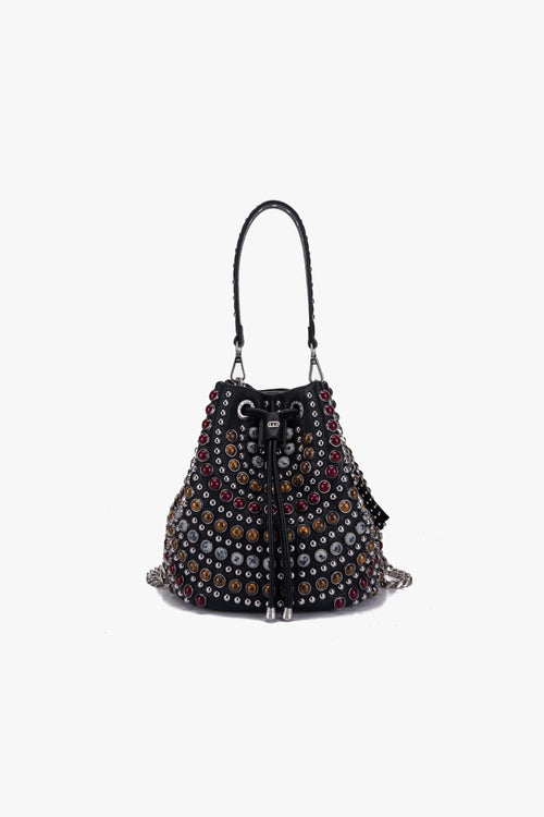 Borsa a secchiello Andromeda in ecopelle con borchie e pietre dure