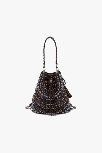 Borsa a secchiello Andromeda in ecopelle con borchie e pietre dure