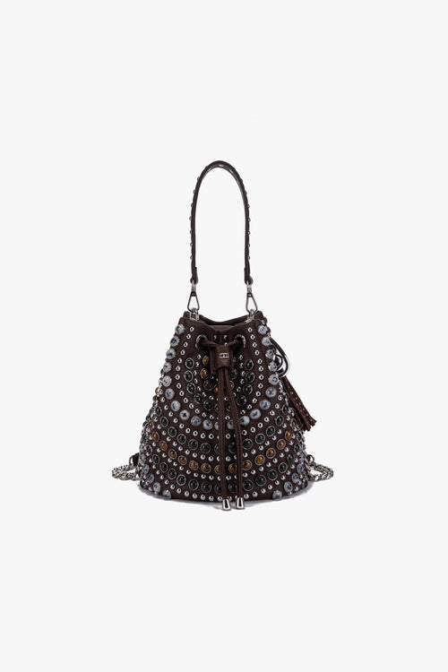 Borsa a secchiello Andromeda in ecopelle con borchie e pietre dure