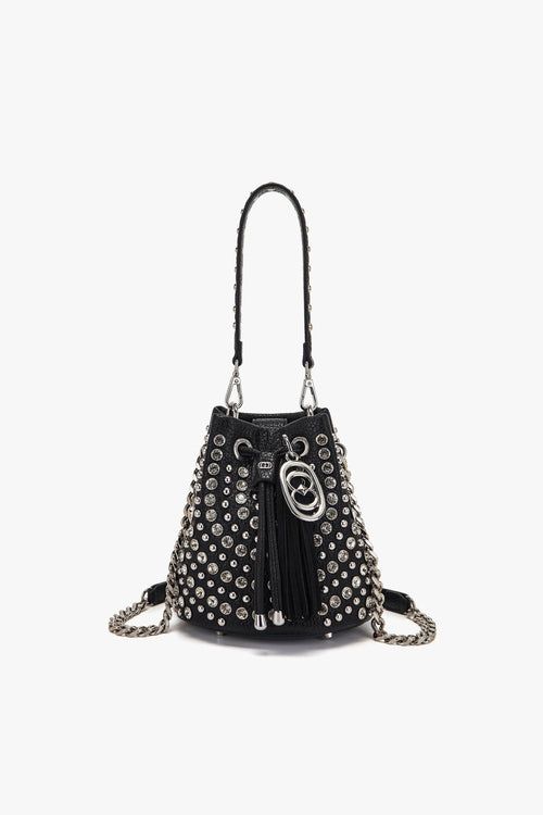 Borsa a secchiello Andromeda small in ecopelle con borchie e strass