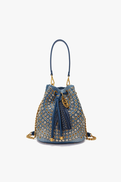 Secchiello Andromeda in denim con borchie e strass