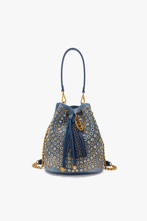 Secchiello Andromeda in denim con borchie e strass