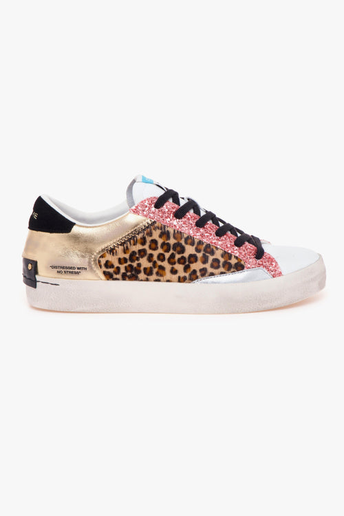 Sneaker "Distresses" in pelle, cavallino e glitter