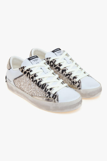 Sneaker Distressed in pelle e glitter con inserti in cavallino bianco maculato - 2