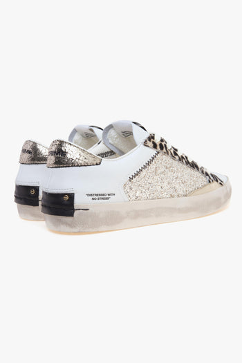 Sneaker Distressed in pelle e glitter con inserti in cavallino bianco maculato - 3