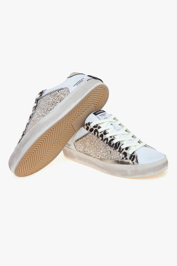 Sneaker Distressed in pelle e glitter con inserti in cavallino bianco maculato - 4