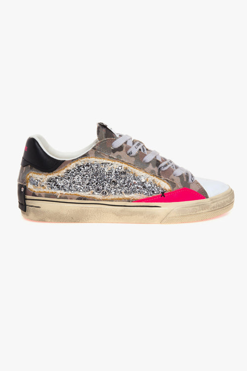 Sneaker Deconstructed in canvas camuflage, glitter argentio e pelle