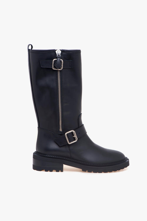 Biker in pelle con doppio cinturino e maxi soffiettone con zip