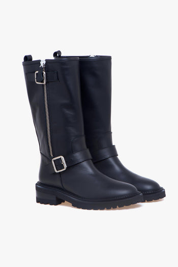 Biker in pelle con doppio cinturino e maxi soffiettone con zip - 2