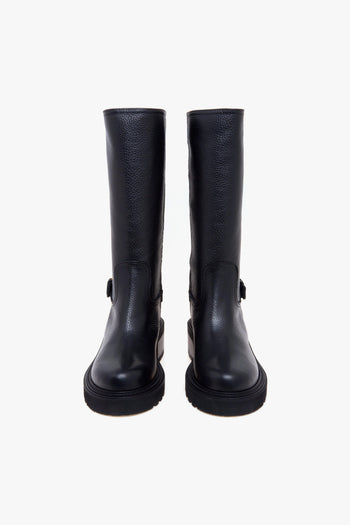 Biker in pelle martellata con gambale 3/4 e fibbia con "V" - 5