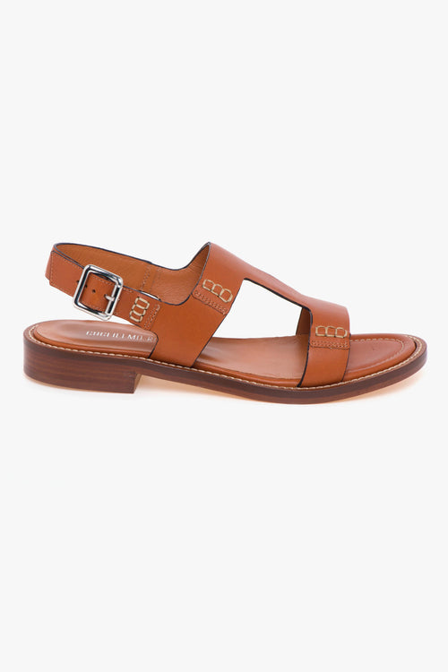 Sandalo in pelle con t-bar e fondo cuoio