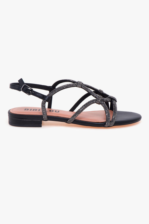 Sandalo flat in pelle con strass NERO