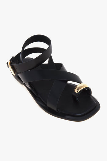 Sandalo flat in pelle con infradito e accessorio in metallo - 4