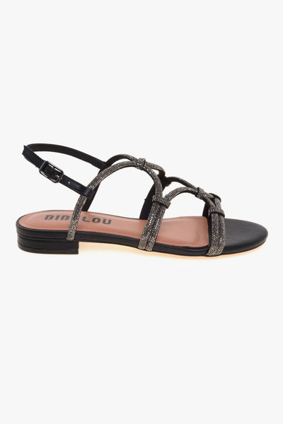 Sandalo basso in pelle con tomaia full-strass