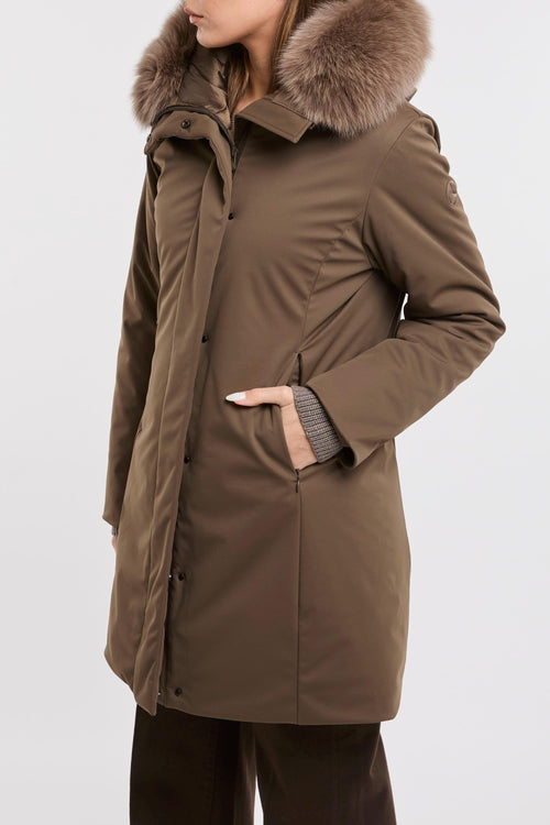 Parka 3/4 in tessuto tecnico con cappuccio pelliccia