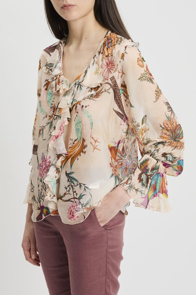 Blusa con manica lunga in misto seta con stampa floreale e volant