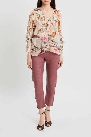 Blusa con manica lunga in misto seta con stampa floreale e volant - 2