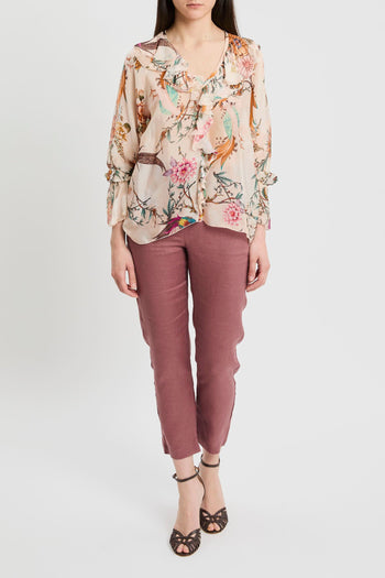 Blusa con manica lunga in misto seta con stampa floreale e volant - 3