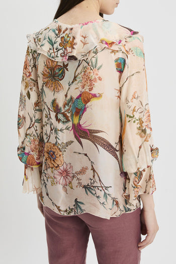 Blusa con manica lunga in misto seta con stampa floreale e volant - 4