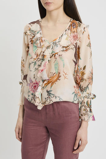 Blusa con manica lunga in misto seta con stampa floreale e volant - 5