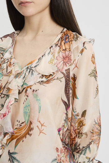 Blusa con manica lunga in misto seta con stampa floreale e volant - 6
