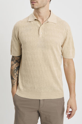 Polo manica corta in lino e cotone con trama rombi - 2