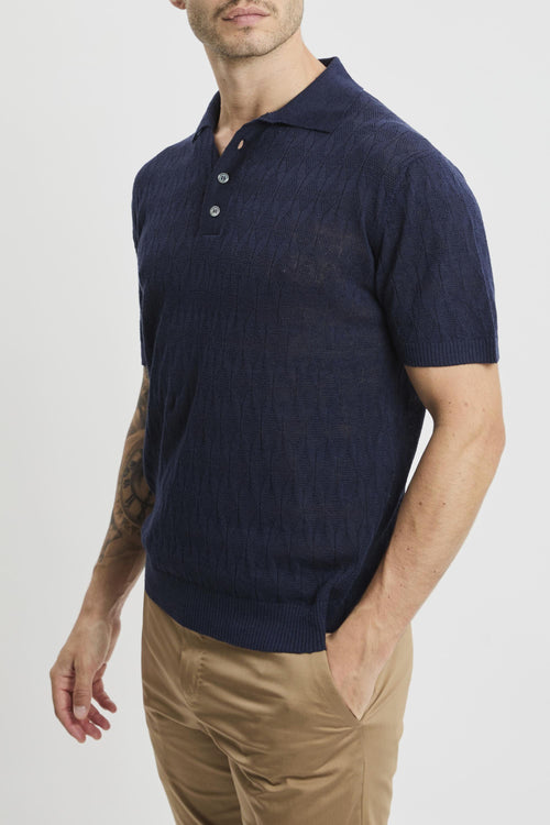 Polo manica corta in lino e cotone con trama rombi