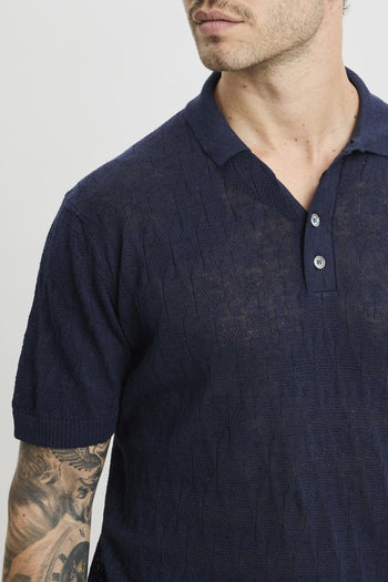 Polo manica corta in lino e cotone con trama rombi - 6