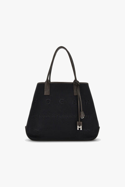 Borsa shopping Script Media in tessuto e pelle con indirizzo rilievo