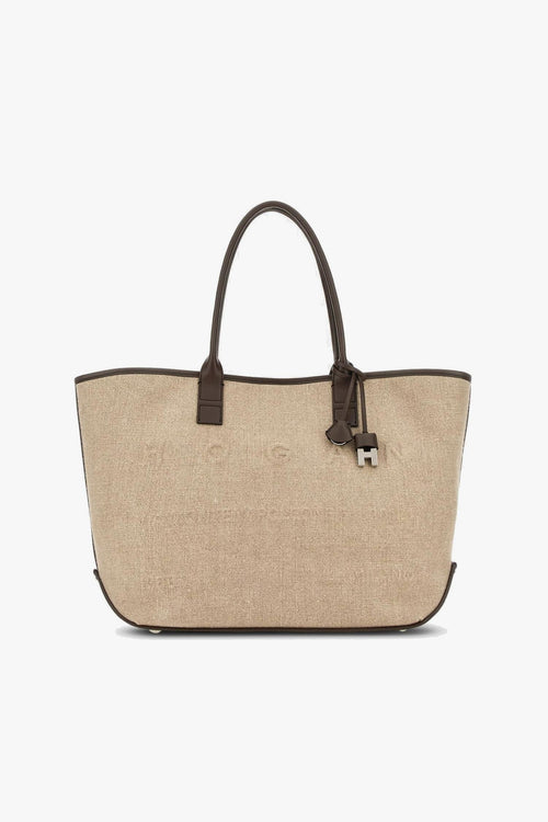 Borsa shopping media in tessuto con lettering in rilievo tono su tono e profilli in pelle