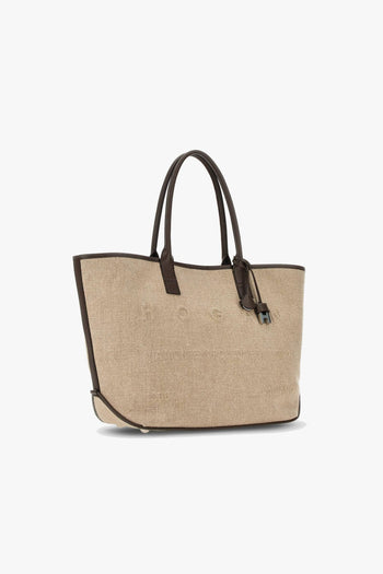 Borsa shopping media in tessuto con lettering in rilievo tono su tono e profilli in pelle - 2